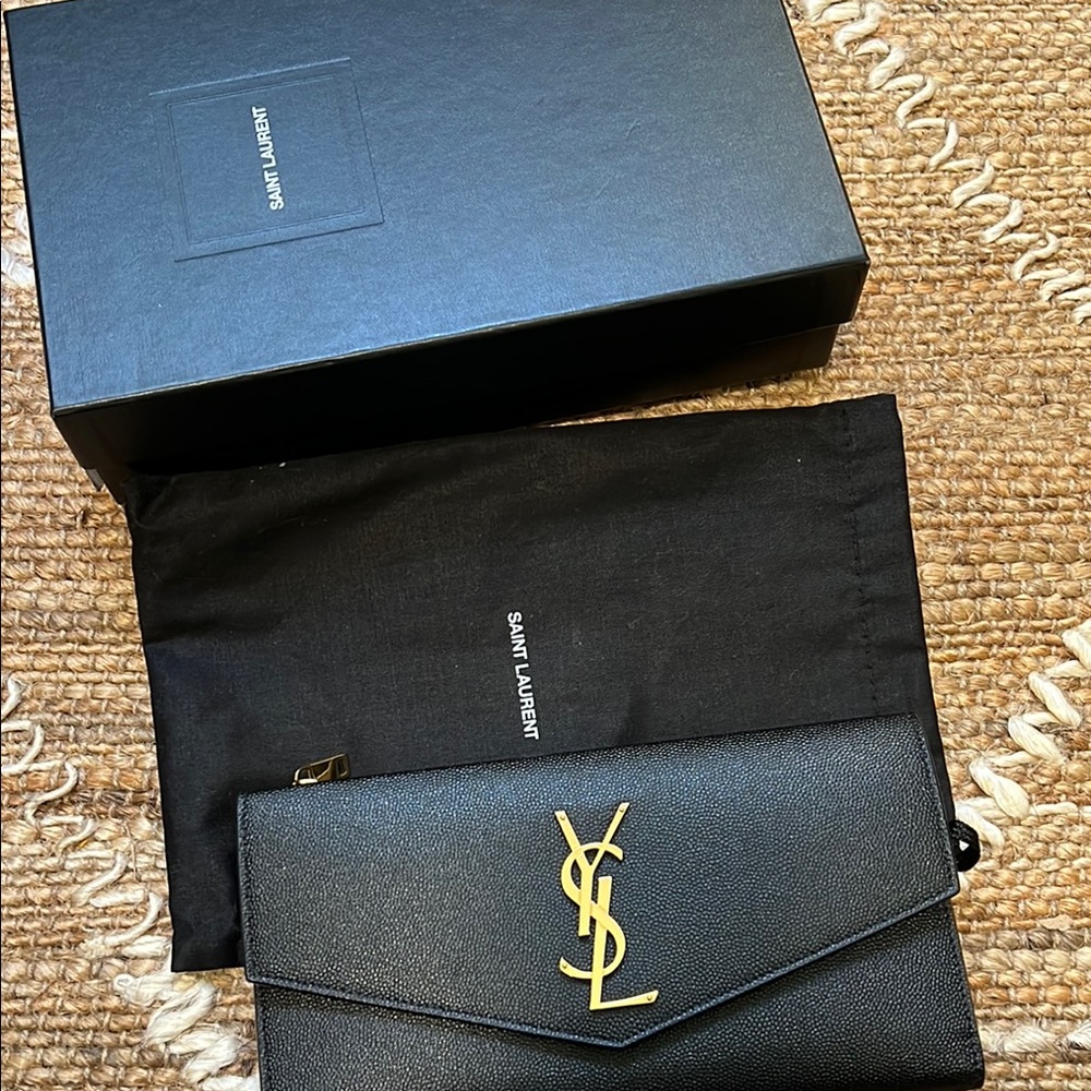 Saint Laurent Black Clutch Wallet with Gold Logo